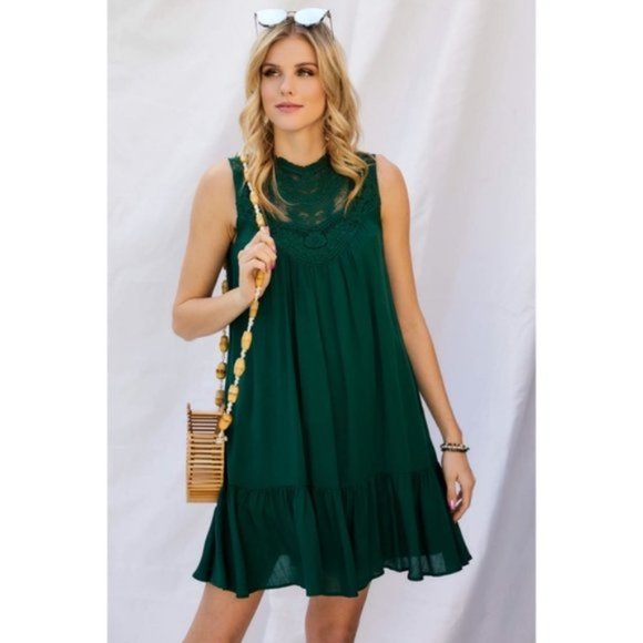 Davi & Dani Boho Laced Mock Neck Dress Green - Picture 2 of 9
